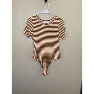 Carly Jean Los Angeles Womens Striped Short Sleeve‎ Bodysuit L Brown Cotton